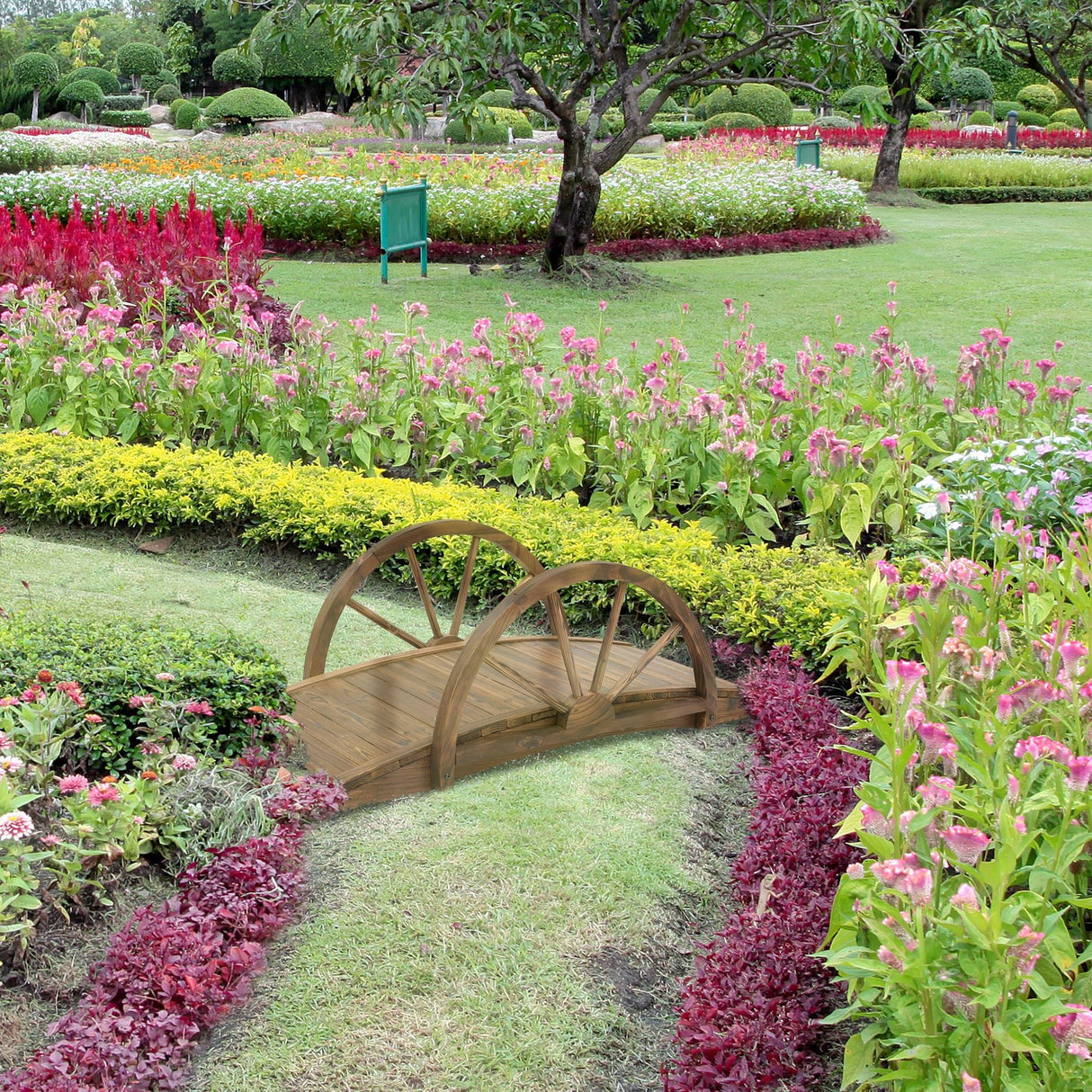 Outsunny 3.3ft Wooden Garden Bridge Arc Footbridge with Half-Wheel Style Railings & Solid Fir Construction, Stained Wood Outsunny