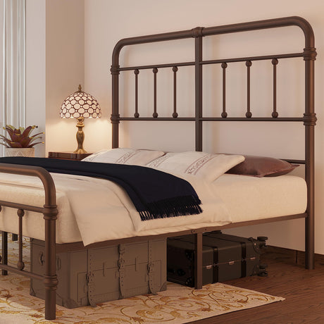 Macbimony Vintage Antique Metal King-Size Bed Frame with High Headboard - No Box Spring Needed (Brown) Macbimony