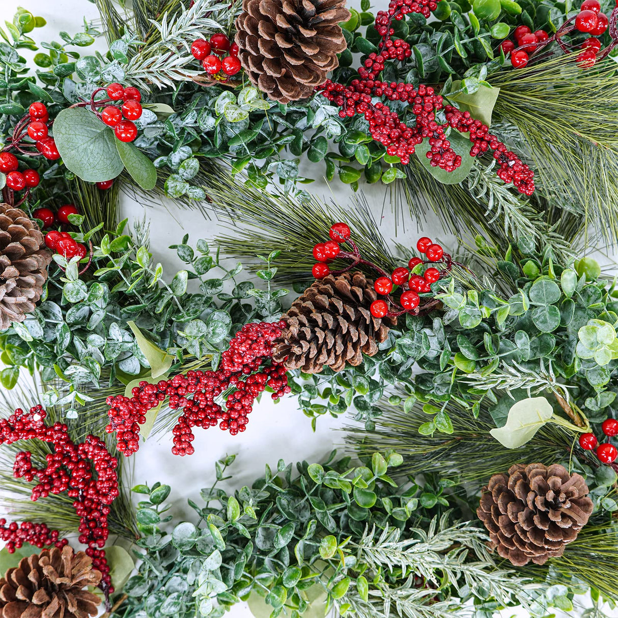 Winlyn 6' Long Artificial Eucalyptus and Pine Christmas Garland with Pine Cones Red Berries Pine Needles Winter Greenery Garland Christmas Season Holiday Wedding Table Runner Centerpiece Mantel Decor Winlyn