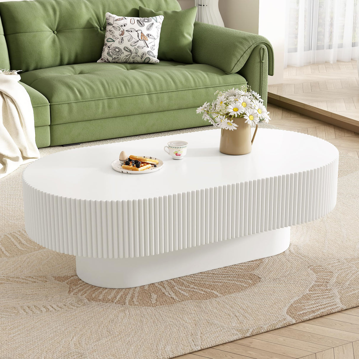 Merax Modern 43.3" W Oval Coffee Table with Sturdy Base, Wood Center Tables for Living Room Reception Room, Easy Assemble, White Merax