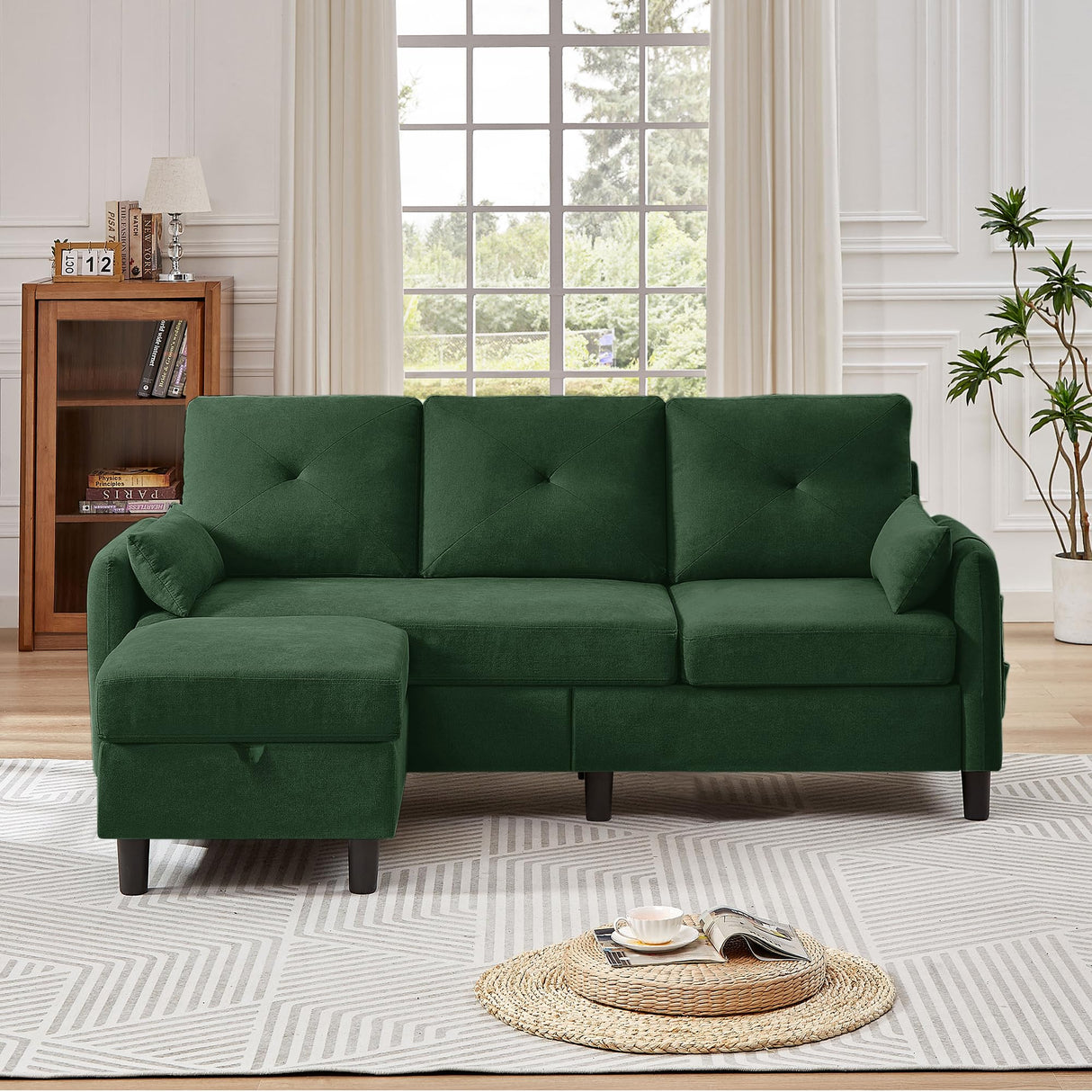 Portaforta 77" Convertible Sectional Couches with Storage Ottoman, 3-Seat L Shaped Couch with Side Storage Pockage, Linen Fabric Small Couches for Living Room, Apartment and Small Space, Green Portaforta