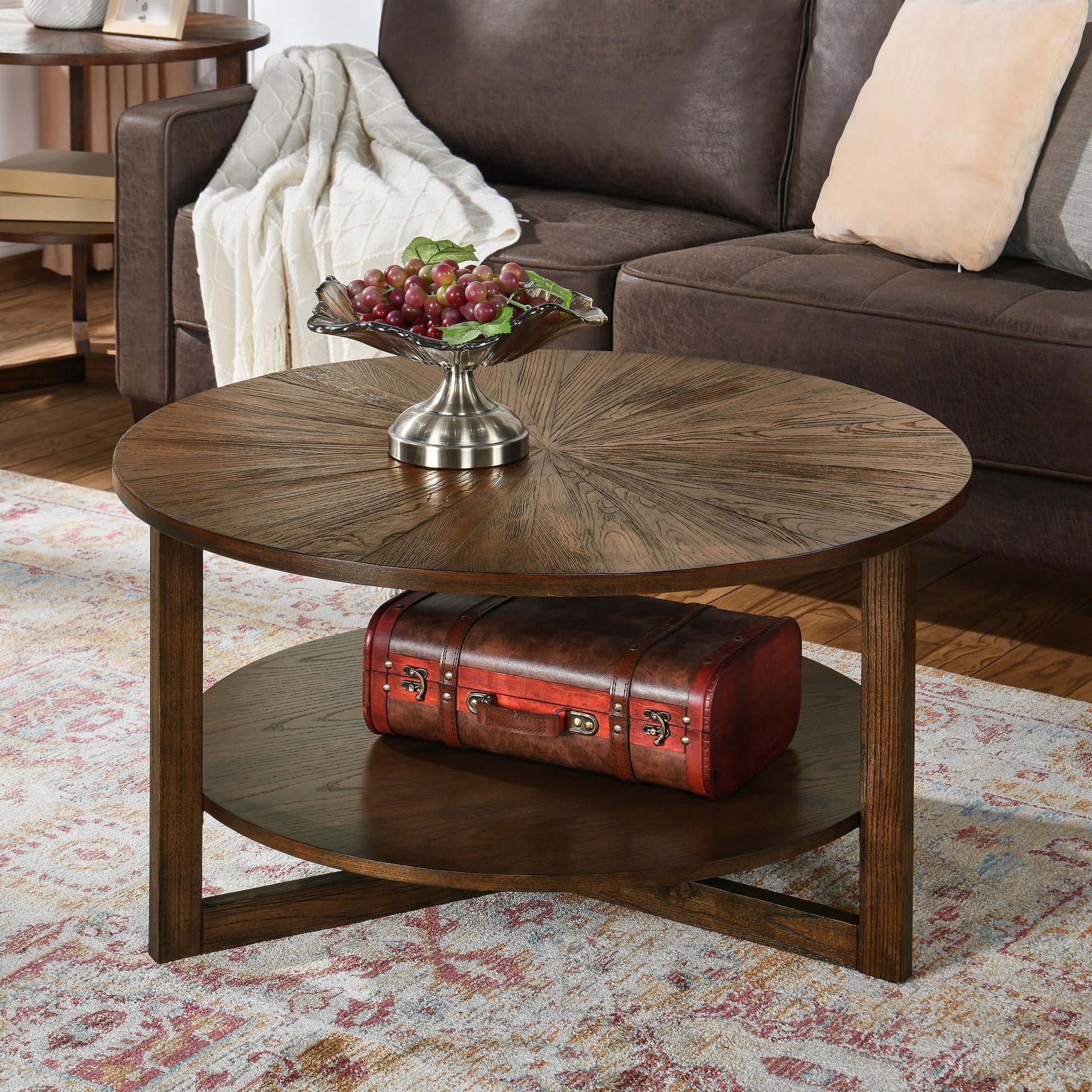 PADMA HOUSE 33.5" Round Wood Coffee Table, 2-Tier Solid Wood Rounded Circle Accent Coffee Table Center Cocktail Table Vintage Furniture for Home Living Room Bedroom,Espresso Brown 3338NC - WoodArtSupply