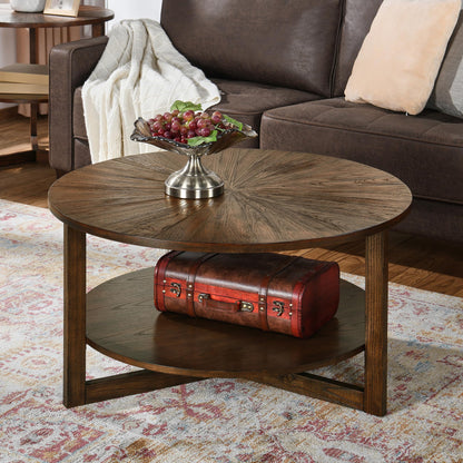 PADMA HOUSE 33.5" Round Wood Coffee Table, 2-Tier Solid Wood Rounded Circle Accent Coffee Table Center Cocktail Table Vintage Furniture for Home Living Room Bedroom,Espresso Brown 3338NC - WoodArtSupply