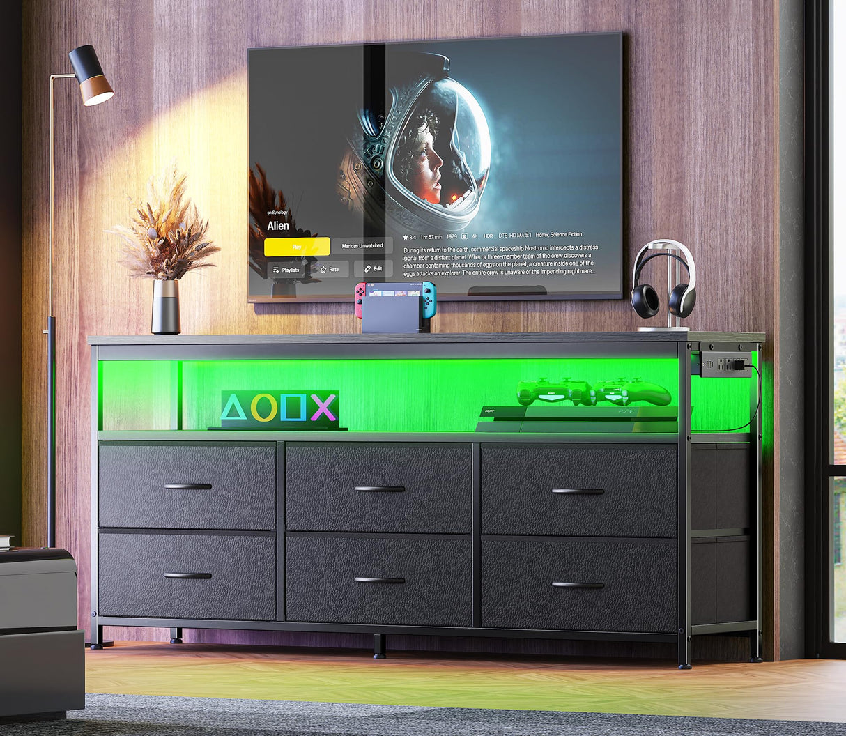 Huuger LED TV Stand for Bedroom, 55 Inch Dresser with Power Outlets, Entertainment Center for 60, 55, 50 Inch TV, 6 Drawer Dresser for Bedroom, Chest of Drawers with Open Shlef, PU Leather, Black Huuger