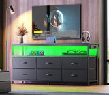 Huuger LED TV Stand for Bedroom, 55 Inch Dresser with Power Outlets, Entertainment Center for 60, 55, 50 Inch TV, 6 Drawer Dresser for Bedroom, Chest of Drawers with Open Shlef, PU Leather, Black Huuger