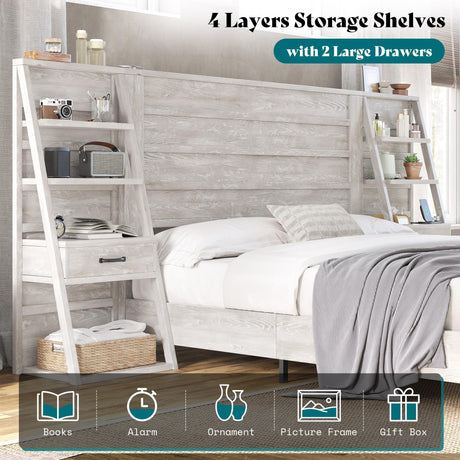 AMERLIFE Full Bed Frame with Wide Headboard and 4-Tier Bookshelves, Farmhouse Platform Bed with Charging Station & 2 Drawers, Noise-Free, No Box Spring Needed, Rustic White AMERLIFE