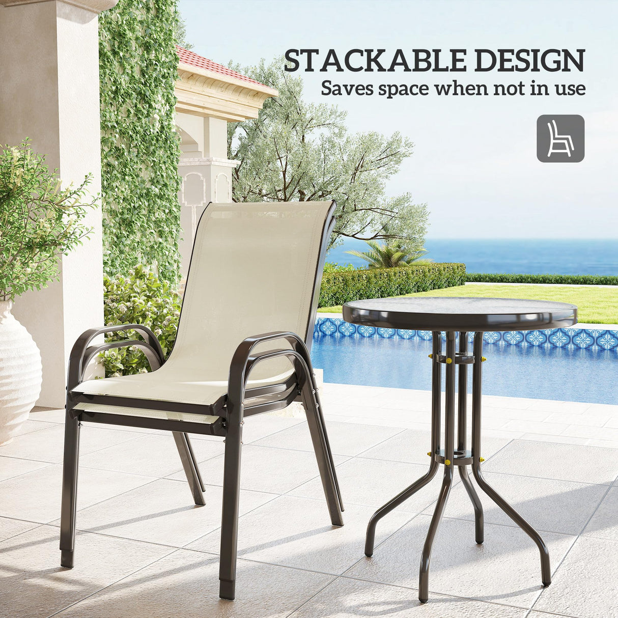 Outsunny 3 Pieces Outdoor Bistro Set, Small Patio Set with Stackable Mesh Chairs and Glass Top Table, High Back Patio Furniture Set for Backyard, Balcony, Garden, Beige Outsunny