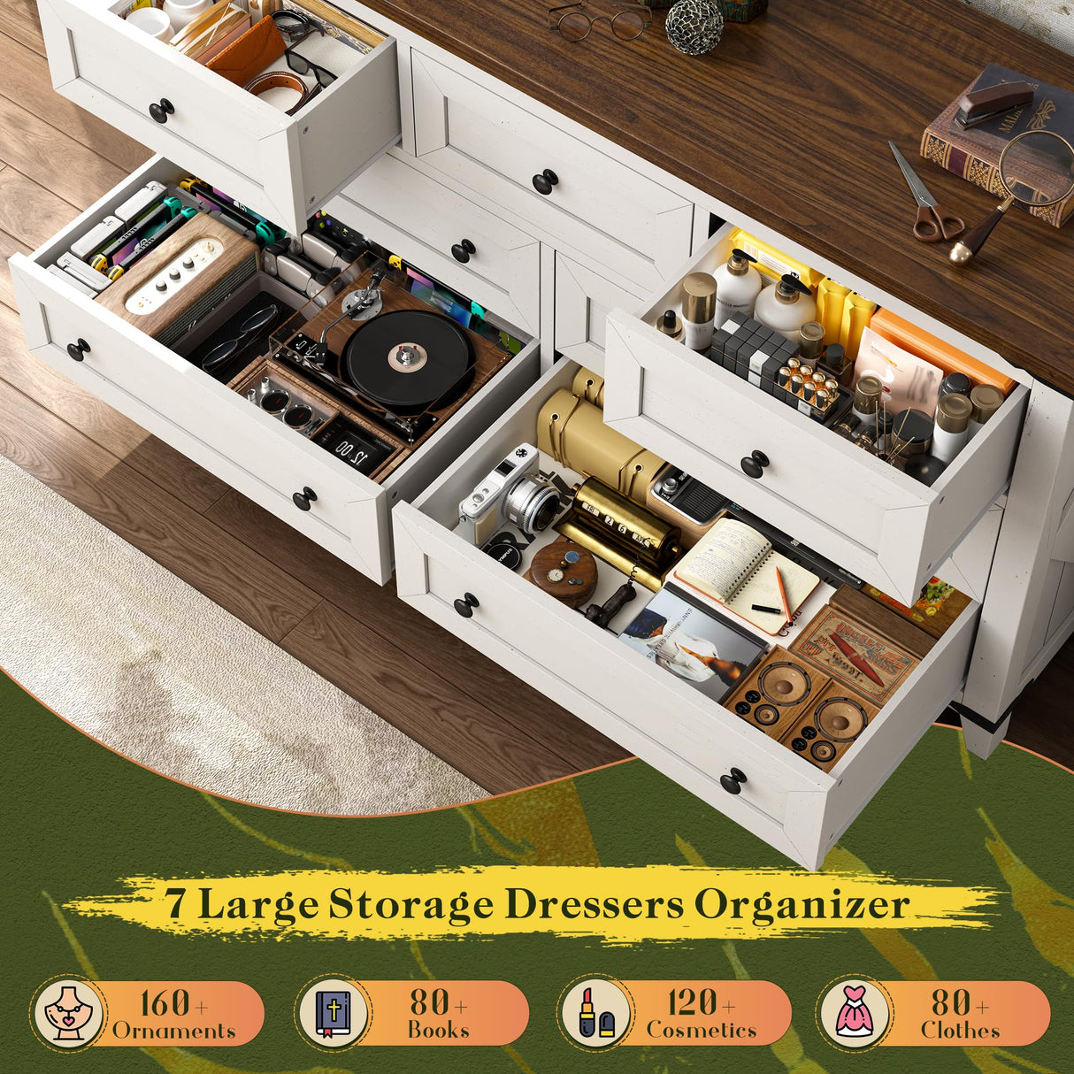 Romorgniz White Dresser, Farmhouse Dresser with Smooth Metal Rails, Wide Large Storage Drawers and TV Stand for Bedroom, Hallway Romorgniz