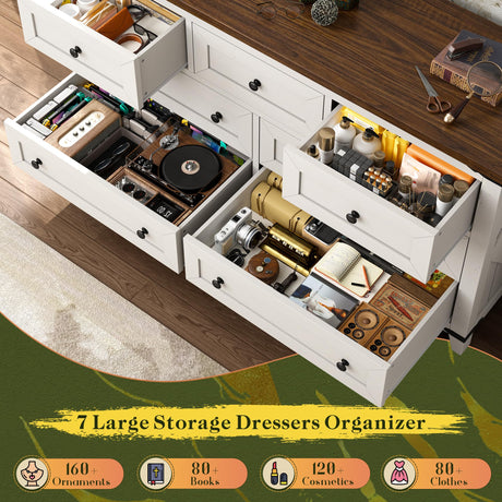 Romorgniz White Dresser, Farmhouse Dresser with Smooth Metal Rails, Wide Large Storage Drawers and TV Stand for Bedroom, Hallway Romorgniz