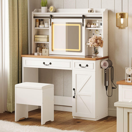 IRONCK Farmhouse Makeup Vanity Desk with Sliding Mirror and Lights,41" W Vanity Desk with Glass Tabletop&Charging Station &Drawers, Rustic Big Vanity Set for Bedroom, Stool Included, White/Walnut IRONCK