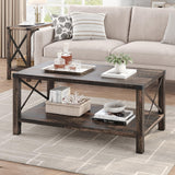 IDEALHOUSE Farmhouse Coffee Table 2-Tier Rustic Center Table Living Room Rectangle Cocktail Table Vintage Wood Look Tea Table with Shelf and X Metal Frame, Easy Assembly IDEALHOUSE