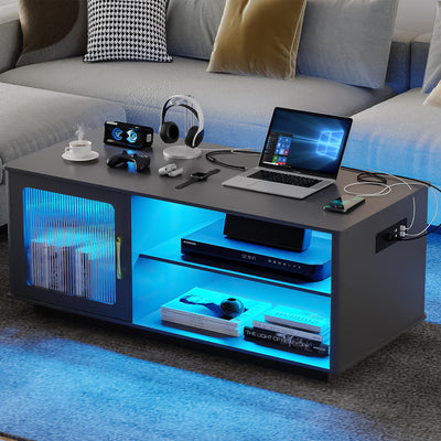 Lvifur 43'' Coffee Table with LED Lights & Charging Station, 3 Color Dimmable Auto Sensor Dining Table with 2 Storage Shelf and 1 Drawer,Farmhouse Center Table for Living Room(Black)