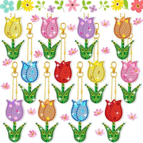 12 Pieces Spring Tulip Diamond Painting Keychain 5D DIY Diamond Painting Kit Flower Hanging Diamond Art Kits Spring Colorful Tulip Ornaments for Kids Spring Crafts Family Decor (Tulip Style) Ferraycle