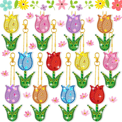 12 Pieces Spring Tulip Diamond Painting Keychain 5D DIY Diamond Painting Kit Flower Hanging Diamond Art Kits Spring Colorful Tulip Ornaments for Kids Spring Crafts Family Decor (Tulip Style)