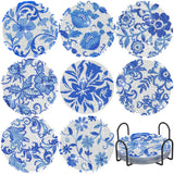 Diamond Art Coaster Blue Flower Diamond Painting Kits 5D DIY Acrylic Diamond Coasters with Cork Base and Holder for Adults DIY Craft, 8 PCS Augisteen