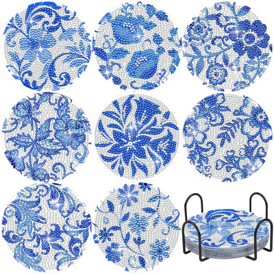 Diamond Art Coaster Blue Flower Diamond Painting Kits 5D DIY Acrylic Diamond Coasters with Cork Base and Holder for Adults DIY Craft, 8 PCS