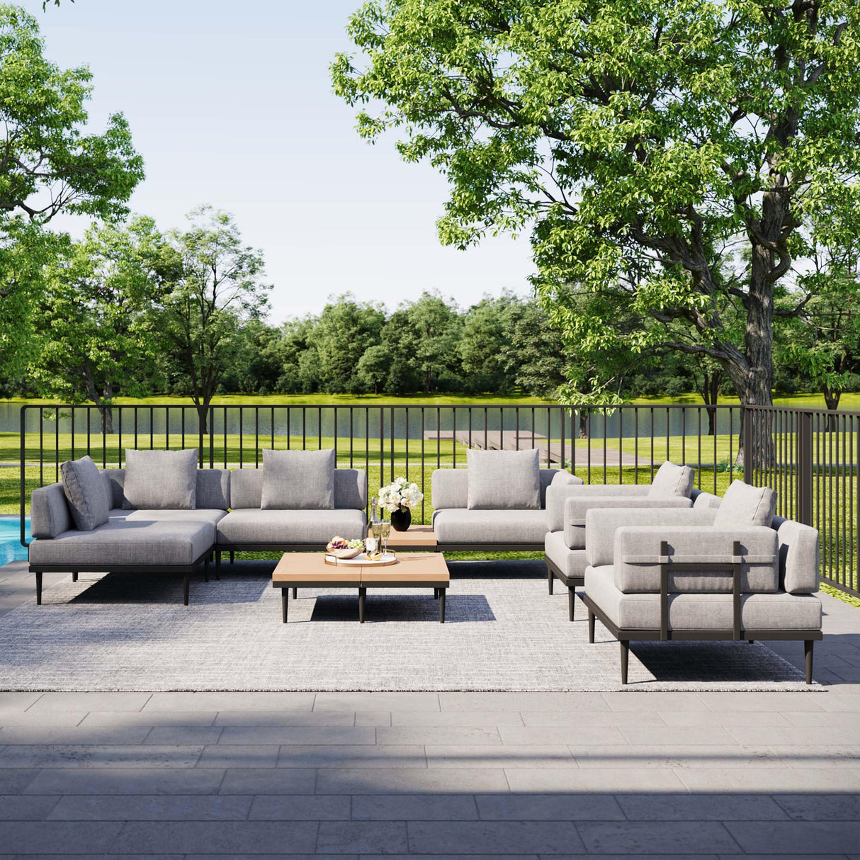 Acanva Modular Outdoor Patio Sectional Sofa, All-Weather Free Combination L-Shaped Balcony Couch with Side Table, Grey, 4 Seater + 1 Side Table Acanva