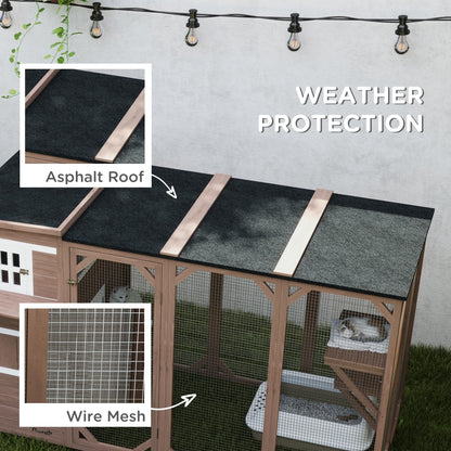 PawHut Outdoor Cat Catio, Large Wood Cat House Enclosure with Multi-Level Design, Weatherproof Roof, Big Hiding Areas, Multiple Platforms, Resting Box, Brown - WoodArtSupply