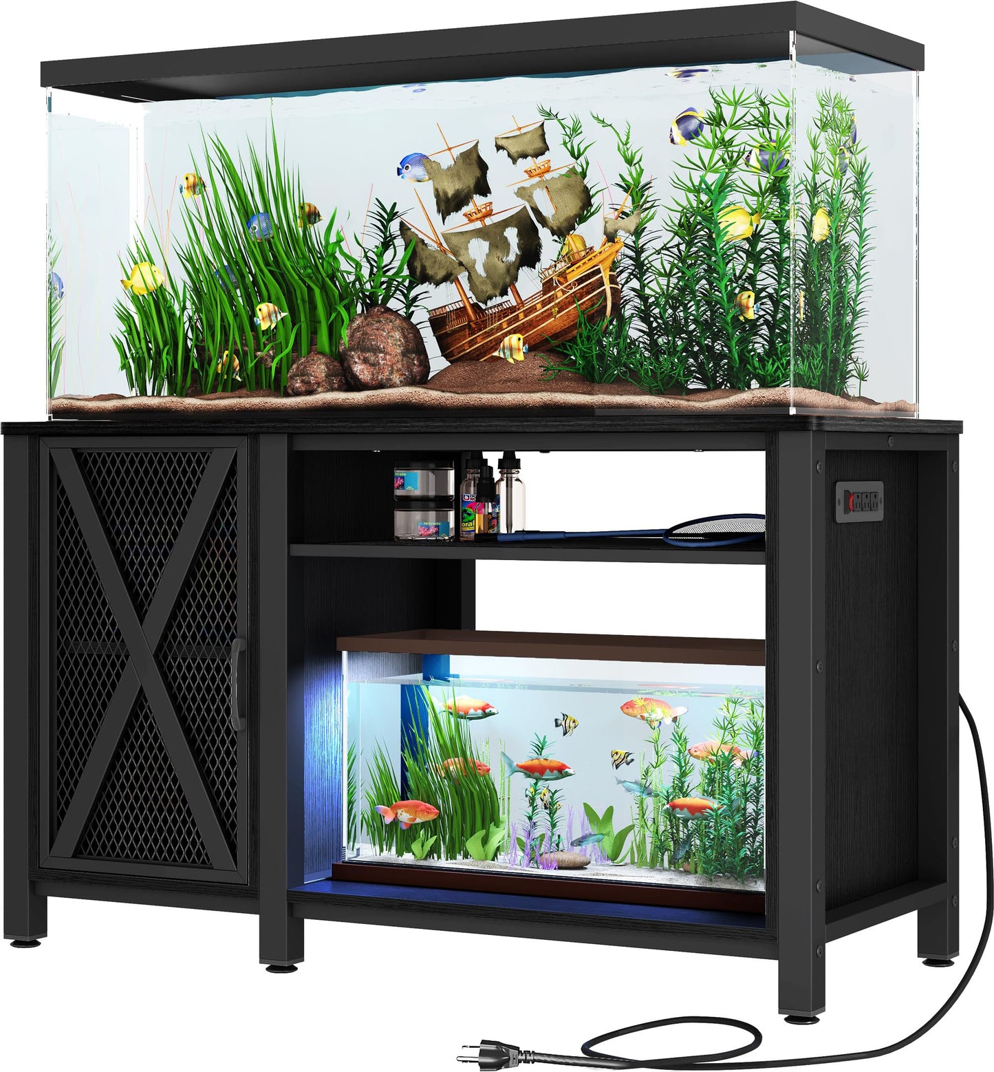 DWVO 55-75 Gallon Aquarium Stand with Power Outlets, Cabinet for Fish Tank Accessories Storage - Heavy Duty Metal Fish Tank Stand Suitable for Turtle Tank, Reptile Terrarium, 860LBS Capacity, Black