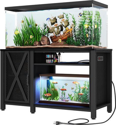 DWVO 55-75 Gallon Aquarium Stand with Power Outlets, Cabinet for Fish Tank Accessories Storage - Heavy Duty Metal Fish Tank Stand Suitable for Turtle Tank, Reptile Terrarium, 860LBS Capacity, Black DWVO