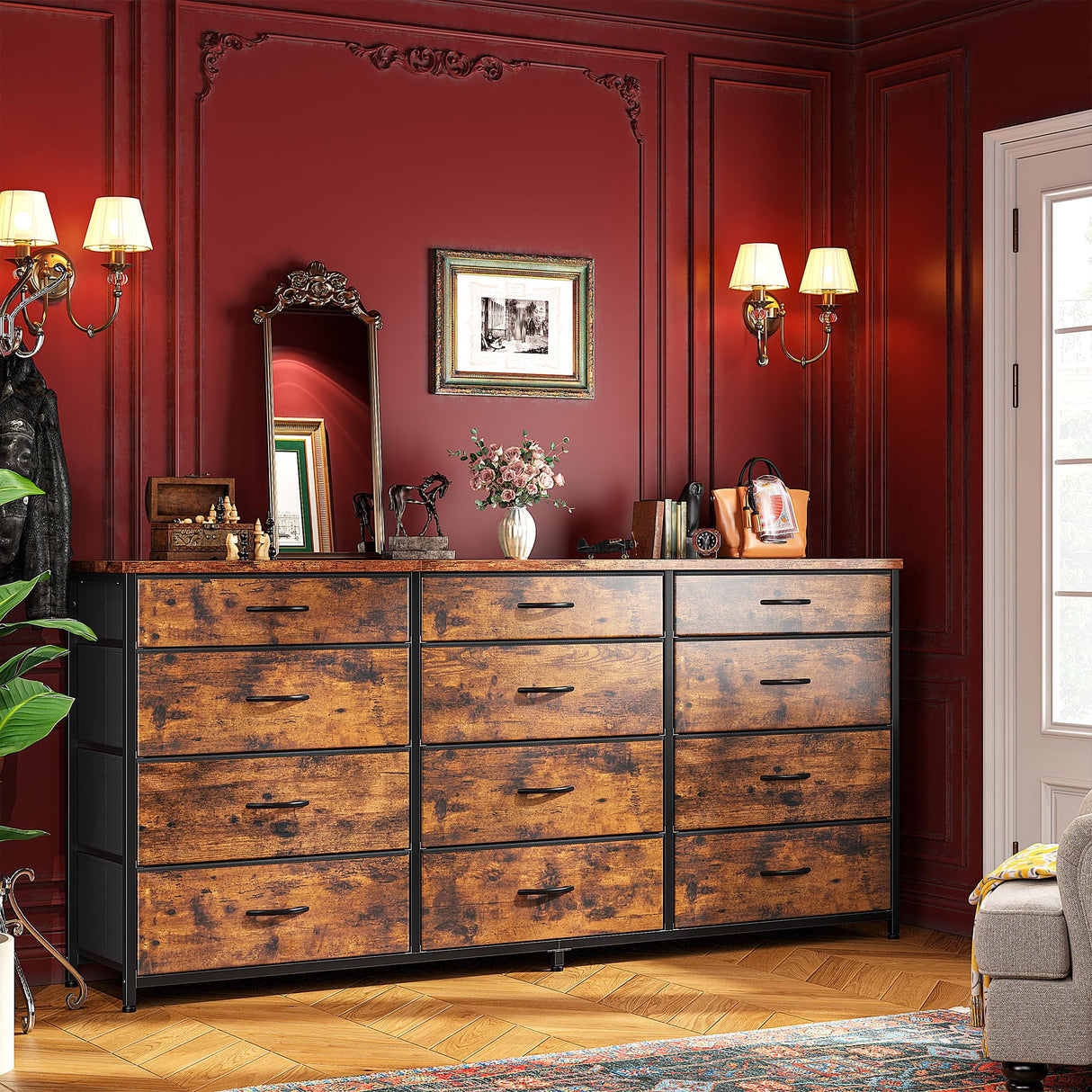 Romorgniz 55" Dresser for Bedroom with 12 Fabric Drawers, Entertainment Center for 60 inch TV Dressers & Chests of Drawers Large Organizer, Living Room, Metal Frame, Wood Top, Rustic Brown Romorgniz