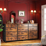 Romorgniz 55" Dresser for Bedroom with 12 Fabric Drawers, Entertainment Center for 60 inch TV Dressers & Chests of Drawers Large Organizer, Living Room, Metal Frame, Wood Top, Rustic Brown Romorgniz