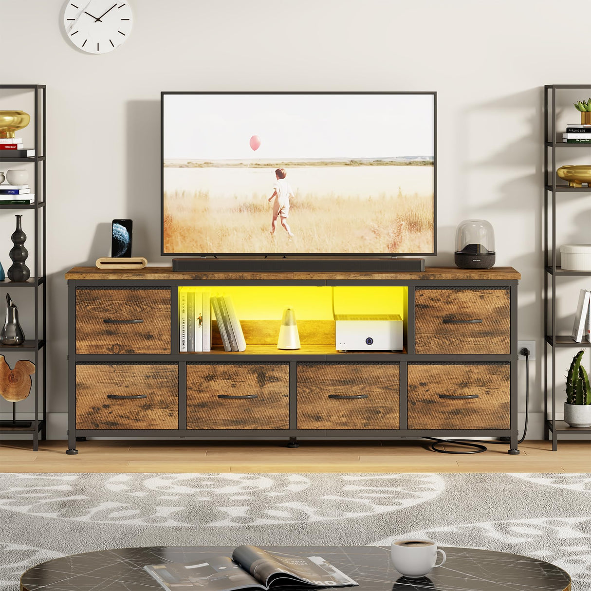 Lulive TV Stand for Bedroom, LED Rustic Brown Dresser for Living Room with 6 Fabric Drawers, 43 55in TV Stand with Power Outlet, Entertainment Center with Open Shelf Lulive