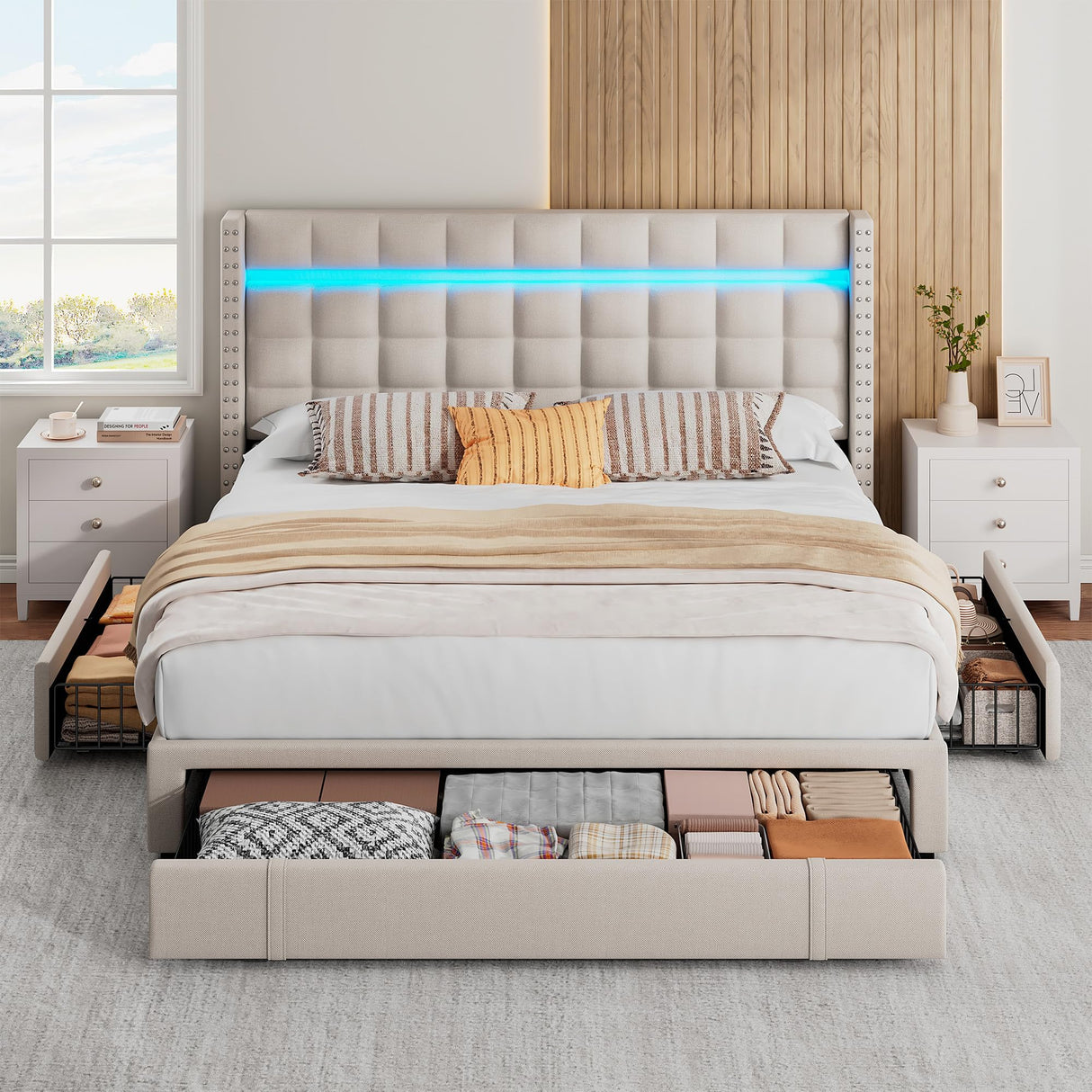 EnHomee LED Queen Bed Frame with Adjustable Headboard & 3 Storage Drawers in Beige EnHomee