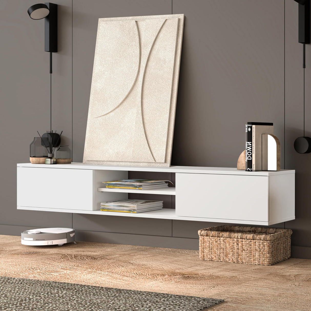 Atelier Mobili Floating TV Stand Wall Mounted, 70 inch Media Console, Floating Entertainment Center, White TV Stand for 75 inch TV ATELIER MOBILI THE LEADER OF THE INTERCHANGEABLE FURNITURE