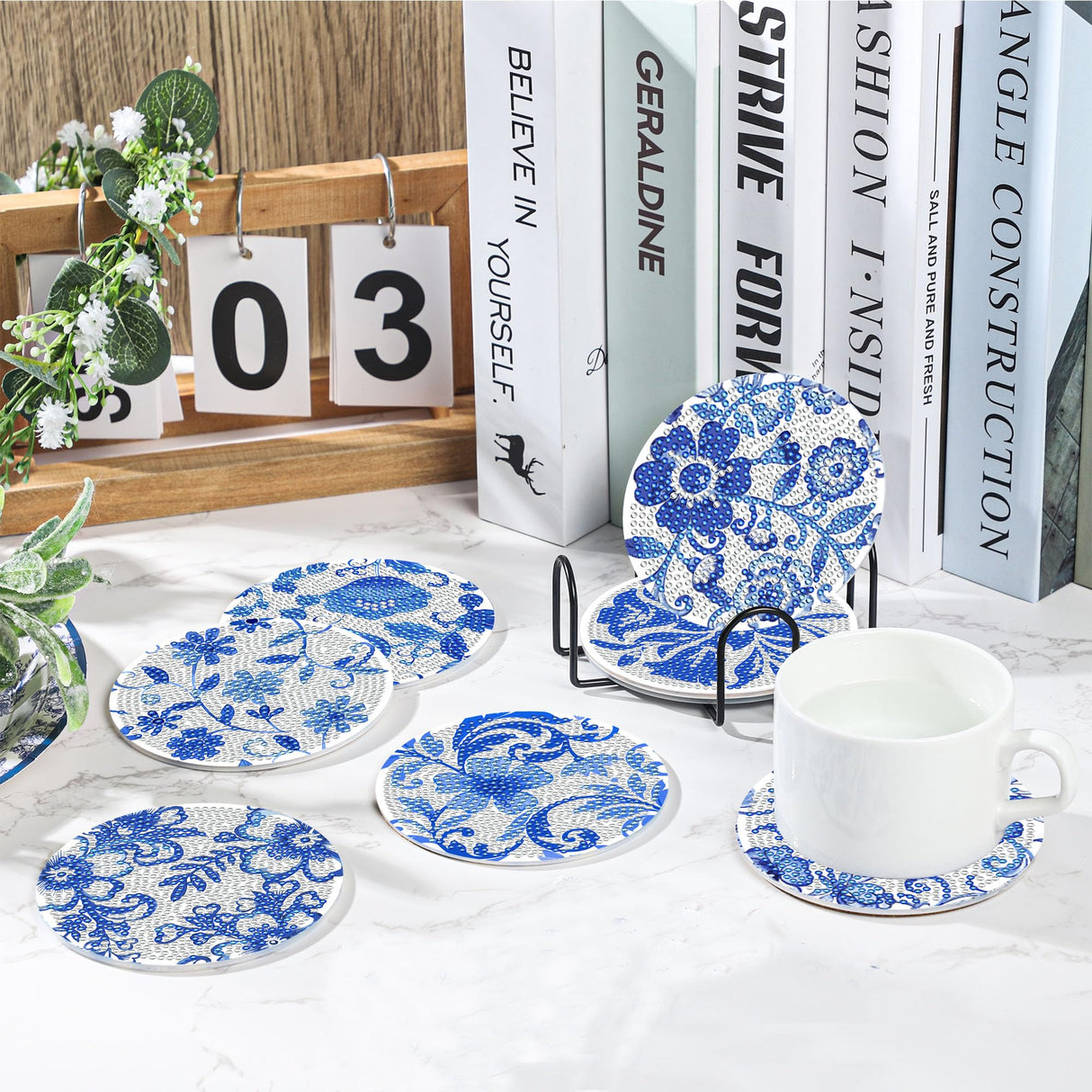 Diamond Art Coaster Blue Flower Diamond Painting Kits 5D DIY Acrylic Diamond Coasters with Cork Base and Holder for Adults DIY Craft, 8 PCS Augisteen