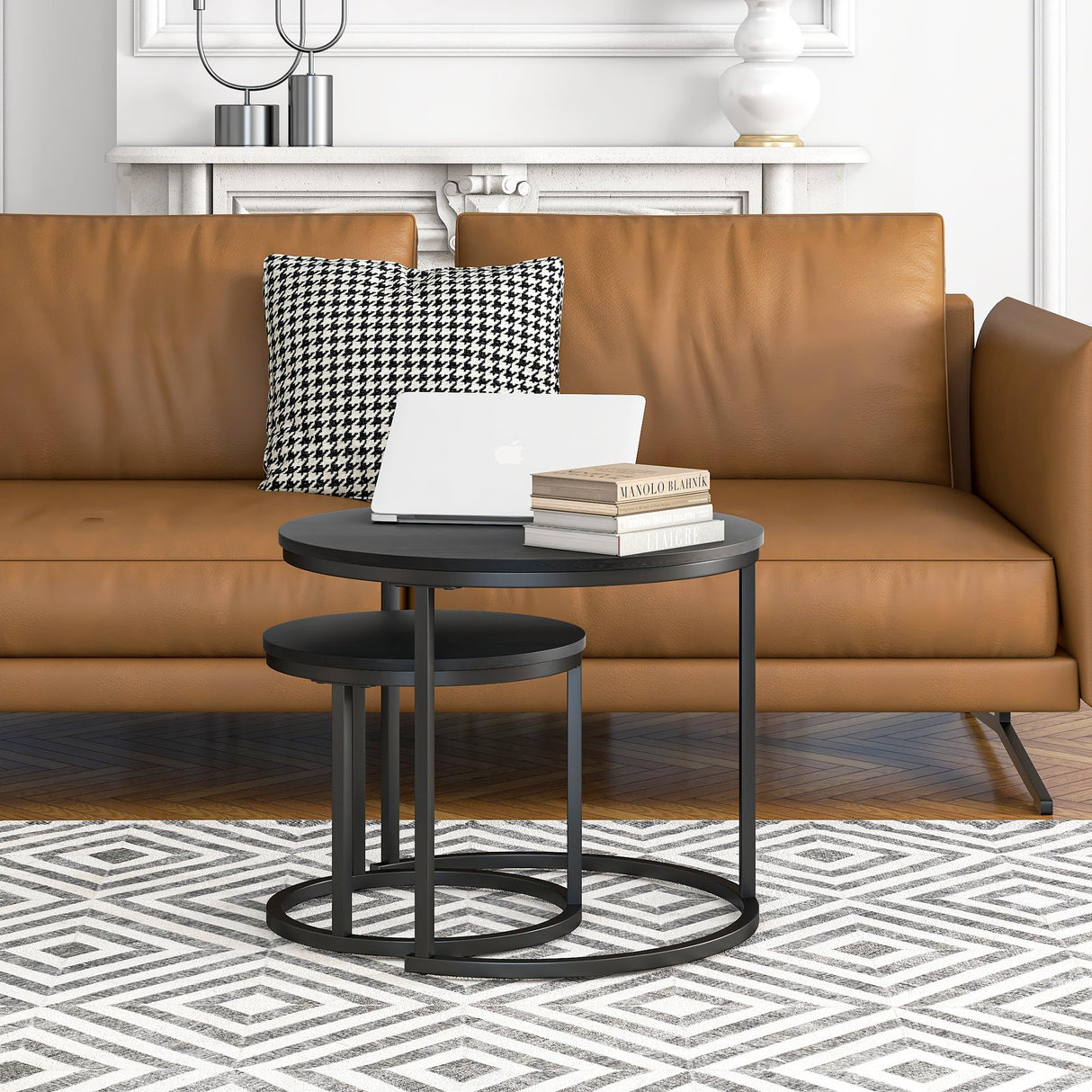 Small Coffee Table Set of 2,Round Coffee Table End Tables for Living Room,Modern Black Coffee Table Nesting Tables,Farmhouse Wood Coffee Table with Metal Frame/Easy Assembly,Stacking Side Tables HOJINLINERO