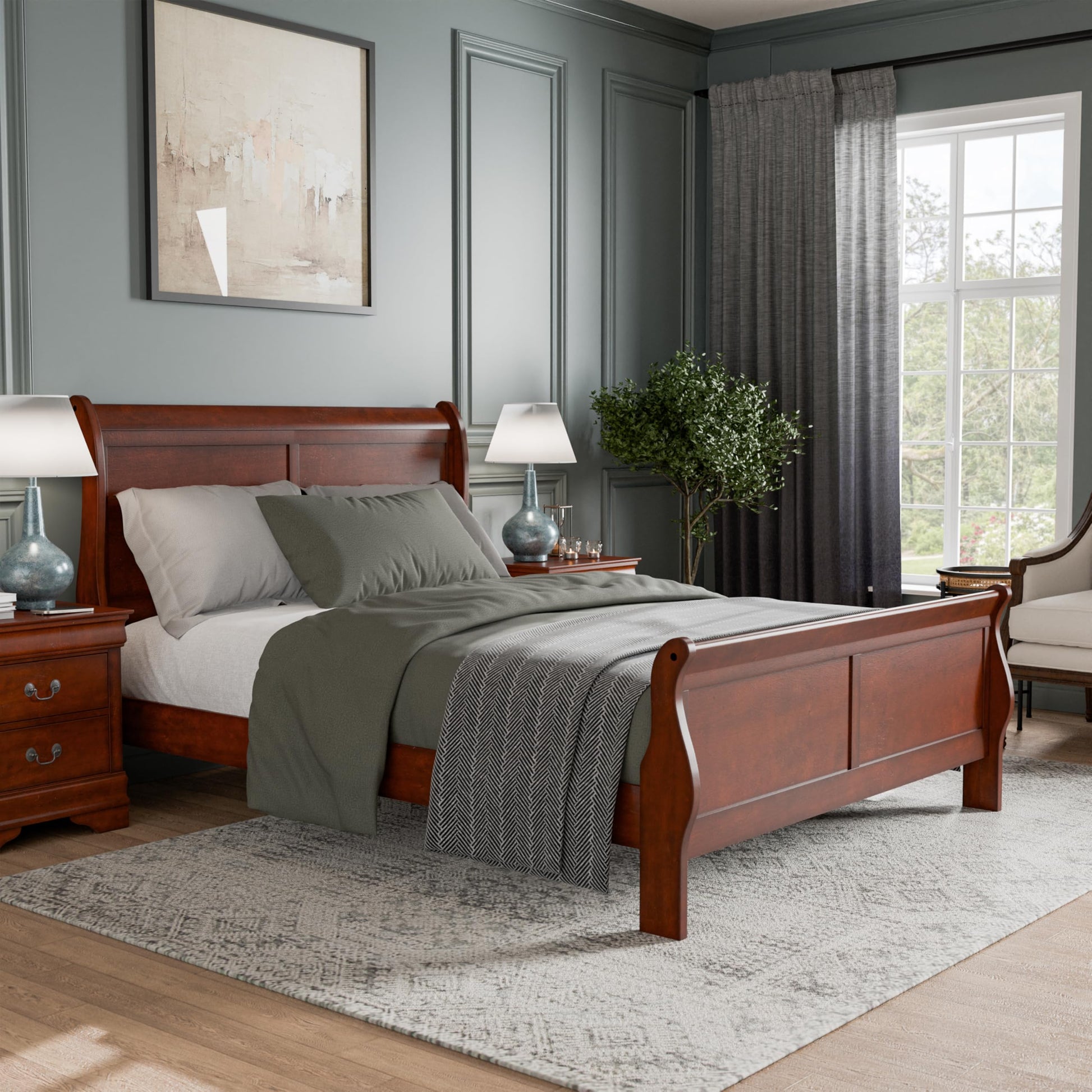 Furniture of America Arabella Cherry Wood Queen Sleigh Bed Frame with Headboard and Footboard - WoodArtSupply