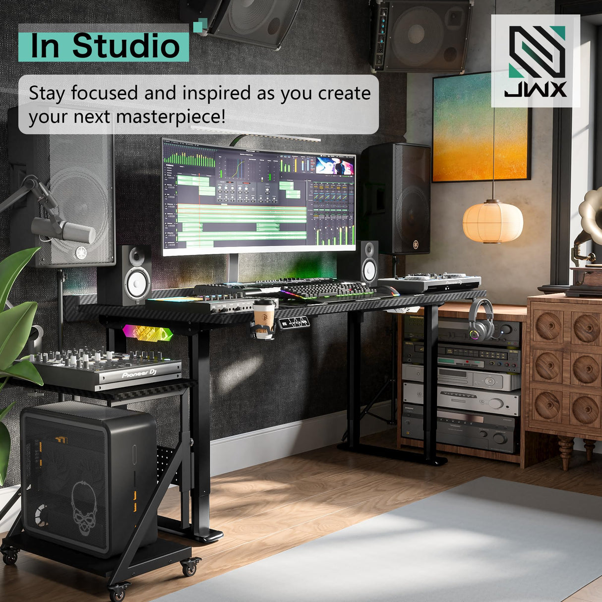 JWX 4 Legs Standing Desk with Dual Motor, Flip-up Cable Management Design with Acrylic Led Light JWX