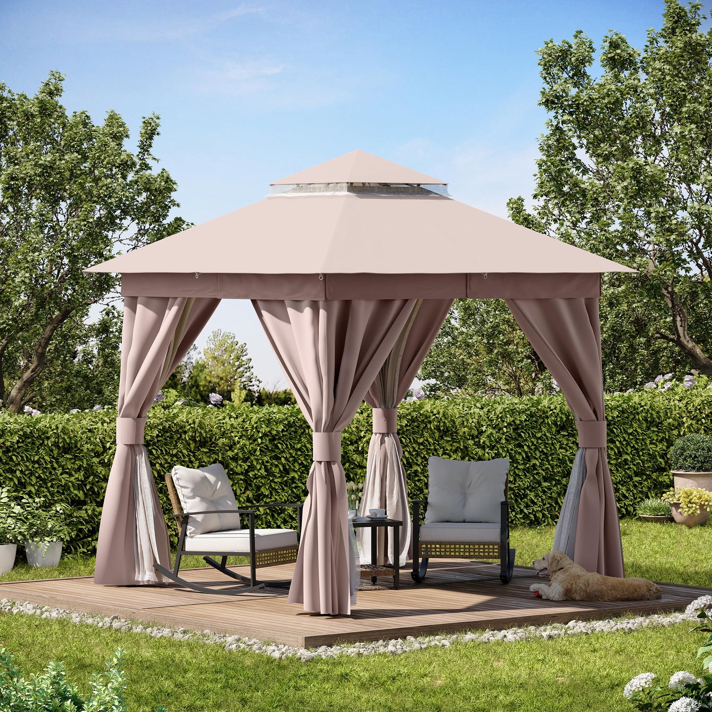 LAUSAINT HOME Outdoor Patio Gazebo 8'x8' with Expansion Bolts, Heavy Duty Gazebos Shelter Party Tent with Double Roofs, Mosquito Nettings and Privacy Screens for Backyard, Garden, Lawn, Khaki - WoodArtSupply