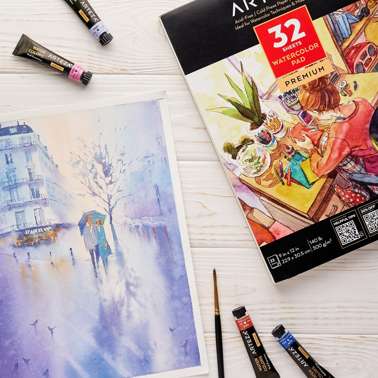 ARTEZA Watercolor Paper, 32 Sheets Each, 9x12 Inch Water Color Paper, 140lb/300gsm, Cold Press, Acid Free Art Paper ARTEZA