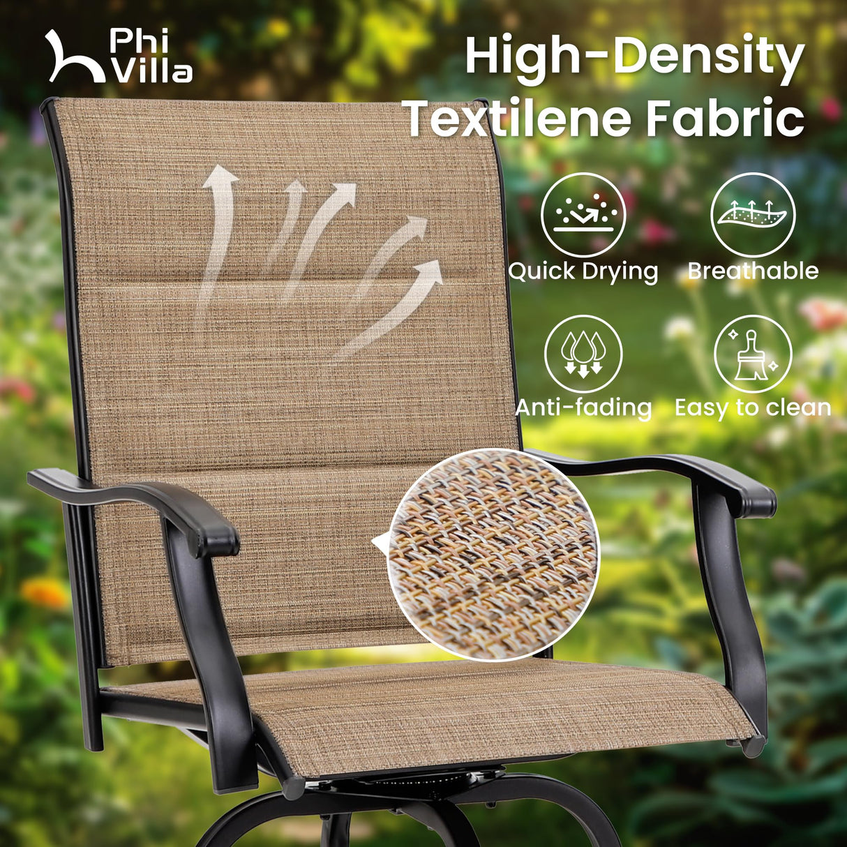 PHI VILLA 7 Piece Patio Bar Dining Set, Bar Height Outdoor Table and Chairs with 6 Swivel Bar Stools (Padded Textilene) & Large Rectangle Metal Table for Deck, Garden and Yard PHI VILLA