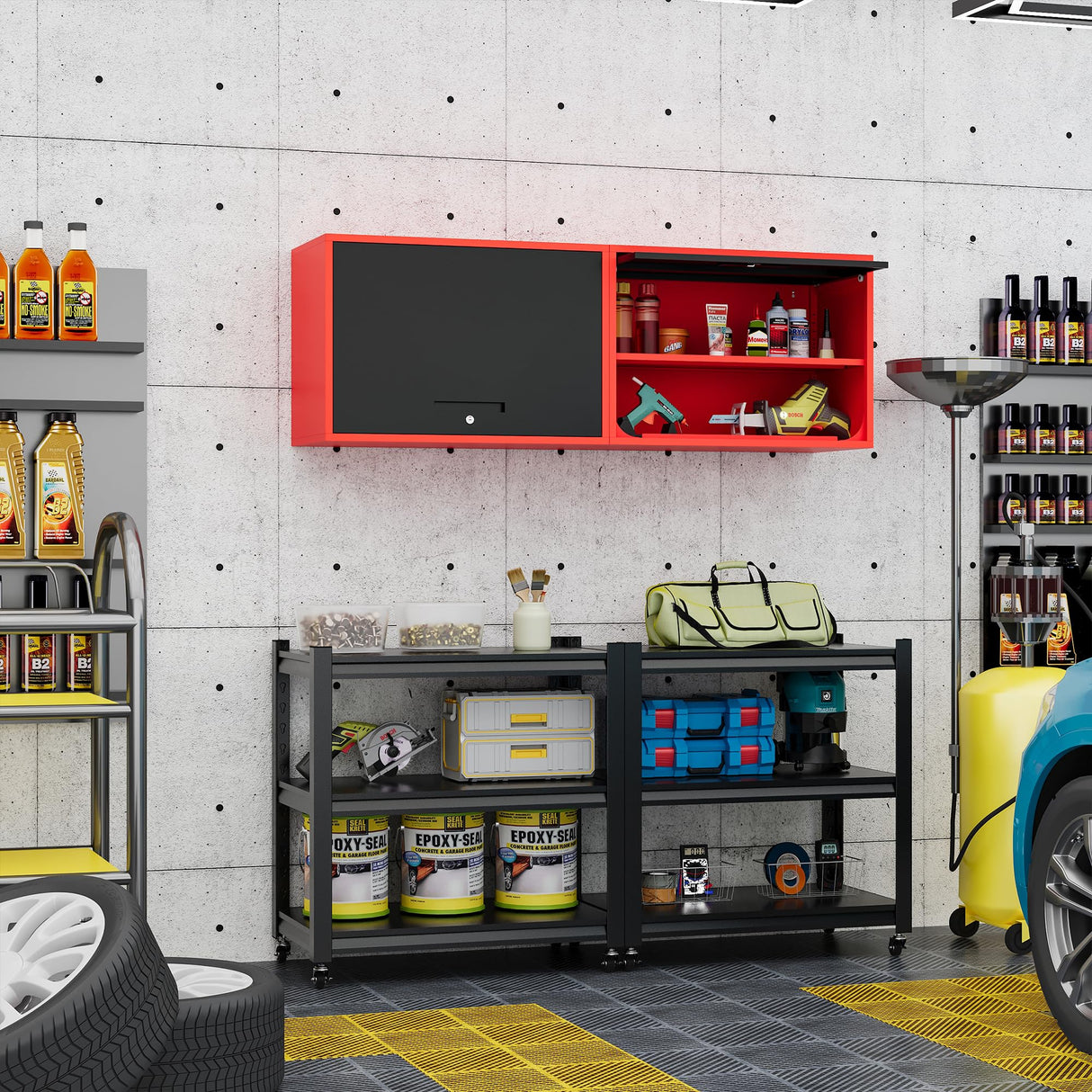 Fesbos Metal Storage Cabinet Black Red Wall Cabinets with Shelf and Locking Door - Wall Mounted Storage Cabinet for Garage Warehouse Home Office - Assembly Required Fesbos