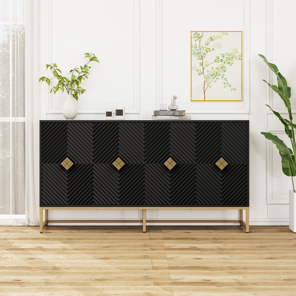 YHAOWORKS Sideboard Buffet Cabinet with Storage - Accent Storage Cabinet with Doors, Wood 4 Doors Cabinet with Metal Legs, 60" Buffets & Sideboards, Modern Credenza for Living Room (Black) YHAOWORKS