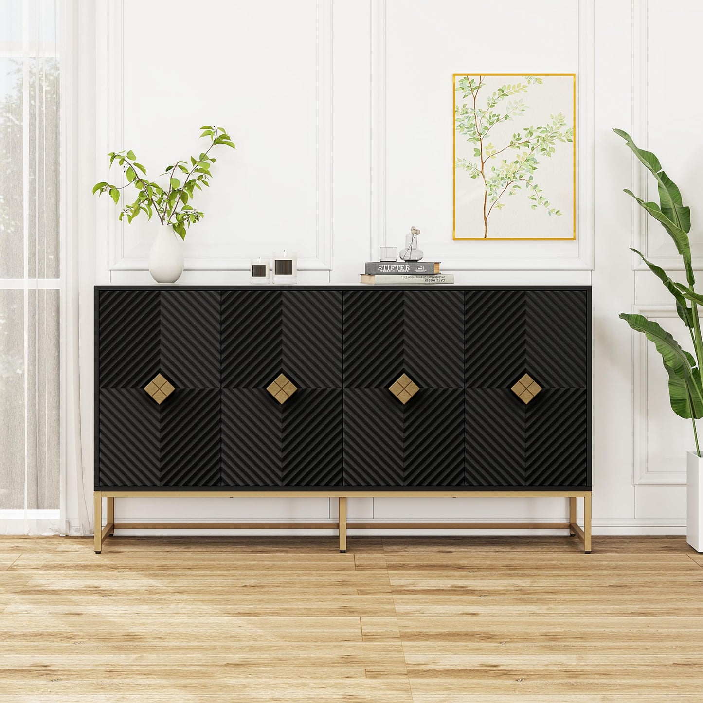 YHAOWORKS Sideboard Buffet Cabinet with Storage - Accent Storage Cabinet with Doors, Wood 4 Doors Cabinet with Metal Legs, 60" Buffets & Sideboards, Modern Credenza for Living Room (Black) - WoodArtSupply