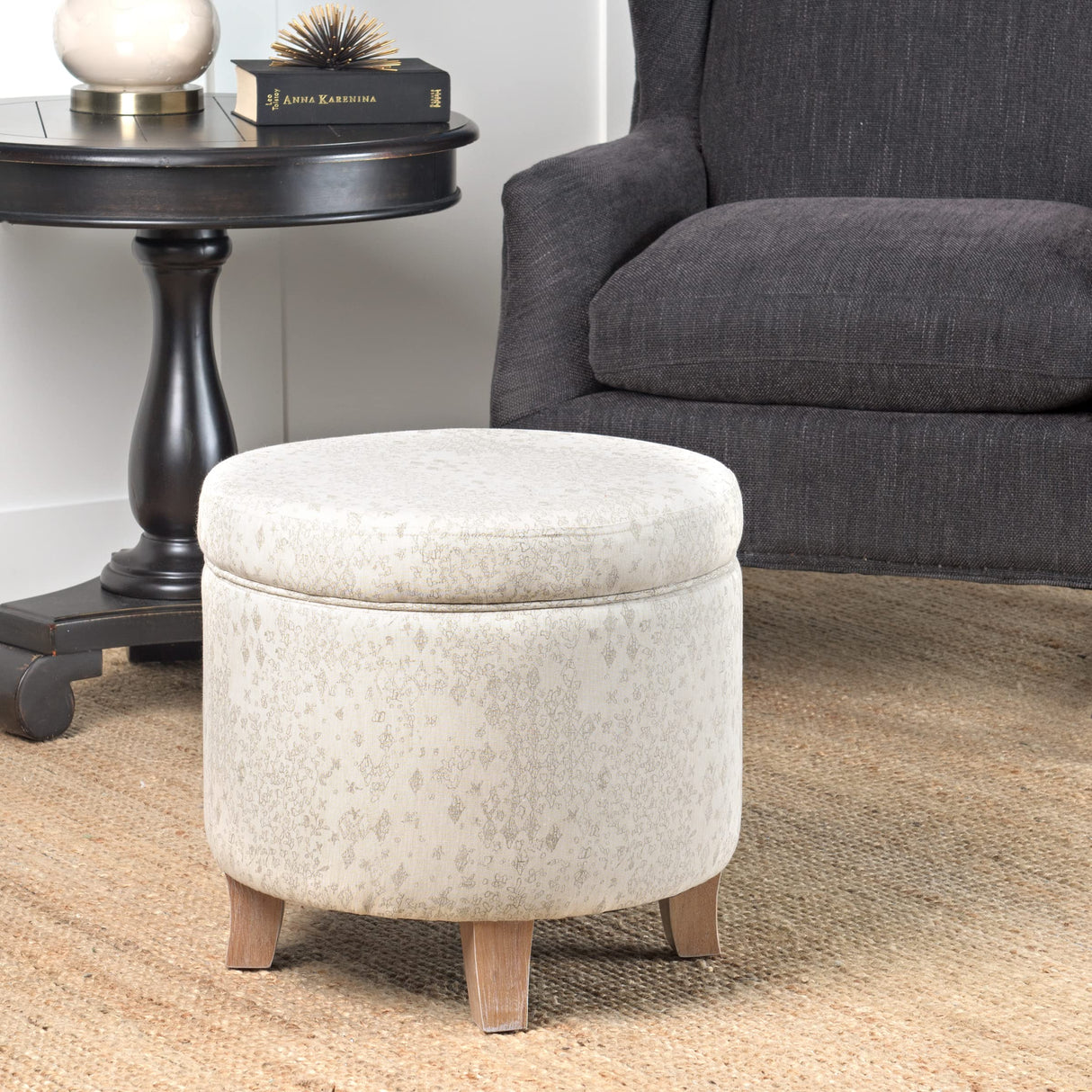 Homepop Home Decor | Upholstered Round Storage Ottoman | Ottoman with Storage for Living Room & Bedroom with Flared Legs. Linen. Large HomePop