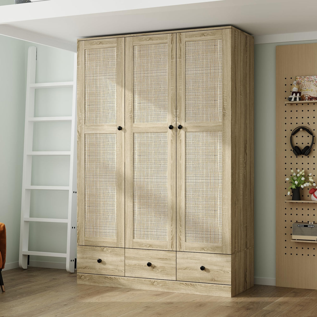 Homsee 3-Door Rttan Wardrobe Armoire Closet, Bedroom Cabinet Armoire with 3 Rattan Doors, 3 Drawers, Hanging Bar & 6 Shelves, Light Brown Homsee