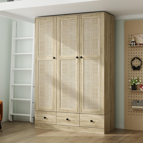 Homsee 3-Door Rttan Wardrobe Armoire Closet, Bedroom Cabinet Armoire with 3 Rattan Doors, 3 Drawers, Hanging Bar & 6 Shelves, Light Brown Homsee