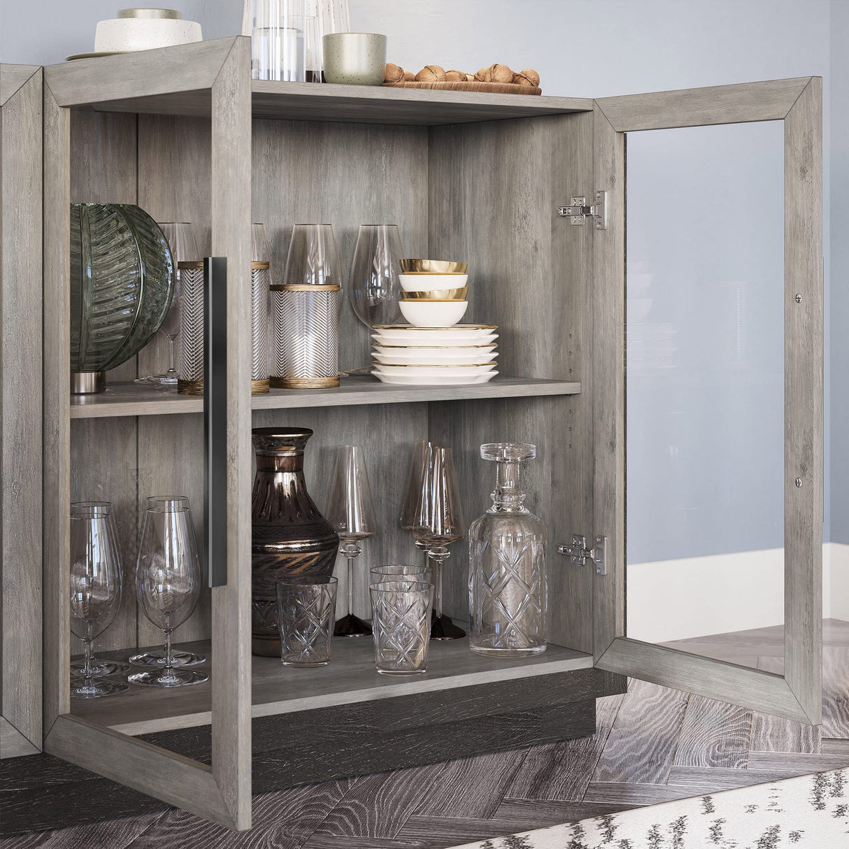 BELLEZE Sideboard Buffet Cabinet, Modern Wood Glass-Buffet-Sideboard with Storage, Console Table for Kitchen, Dining Room, Living Room, Hallway, or Entrance - Brixston (Grey) BELLEZE