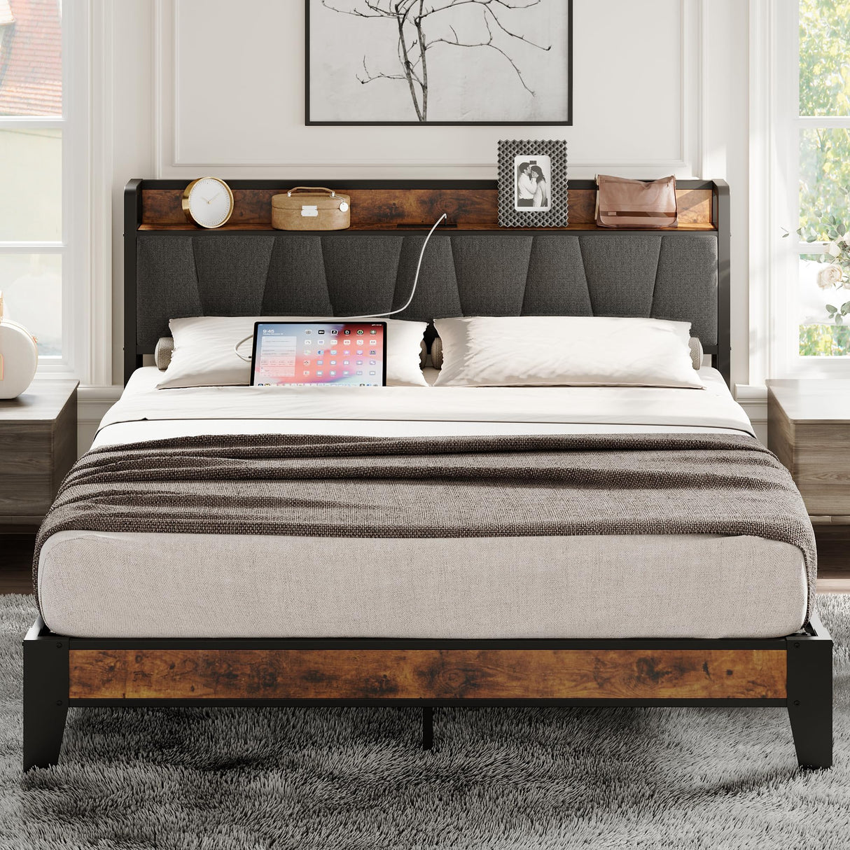 LIKIMIO Vintage Brown and Grey Full Bed Frame with Storage Headboard and Charging Station LIKIMIO