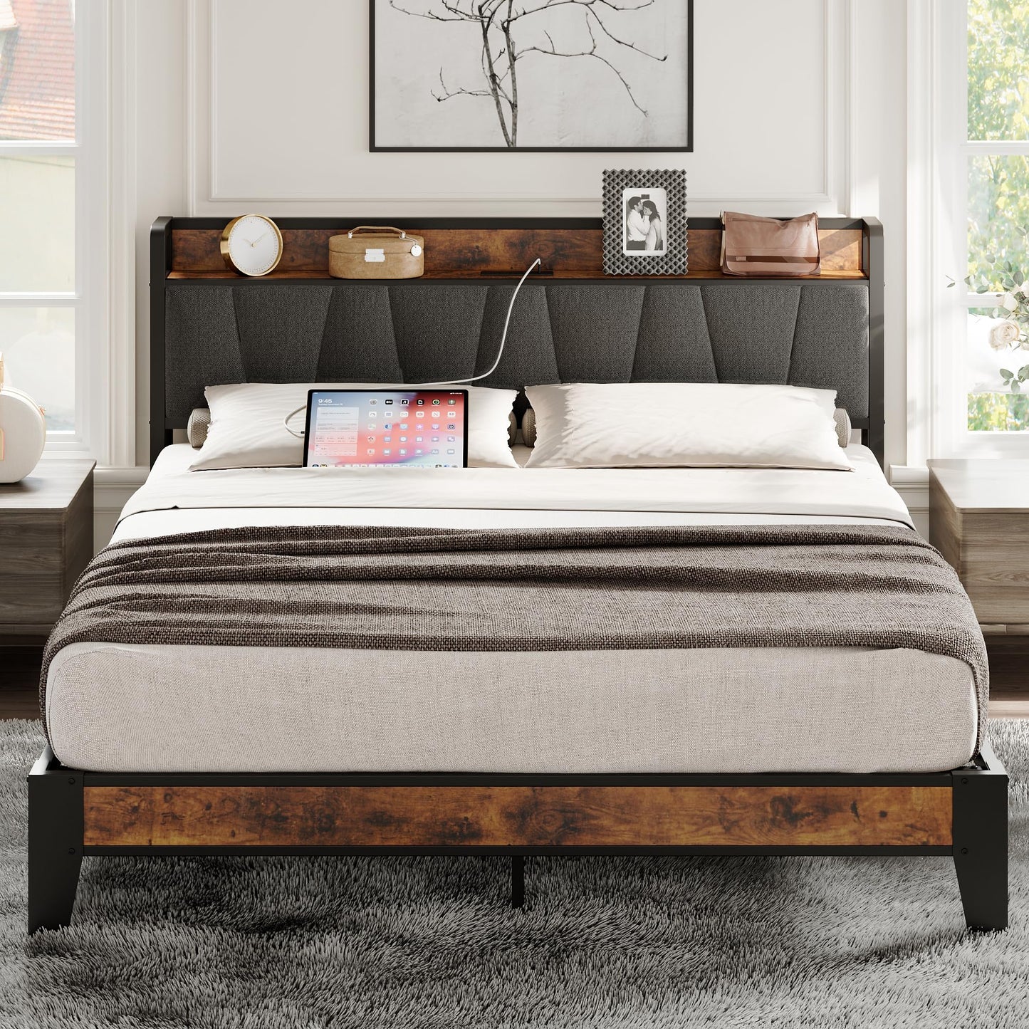 LIKIMIO Vintage Brown and Grey Full Bed Frame with Storage Headboard and Charging Station - WoodArtSupply