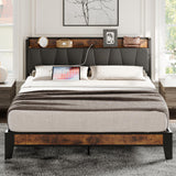 LIKIMIO Vintage Brown and Grey Full Bed Frame with Storage Headboard and Charging Station LIKIMIO
