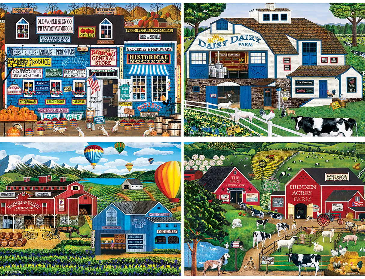 MasterPieces 2000 Piece Jigsaw Puzzle for Adults, Family, Or Youth - Fun Folk Art Am Poulin 4-Pack - 14"x19" Masterpieces