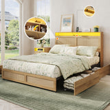 Maupvit Full Size Boho Bed Frame with Rattan Hidden Storage Headboard, LED Light and 4 Drawers, Charging Station, Metal Platform Bed, No Box Spring Needed,Brown Maupvit