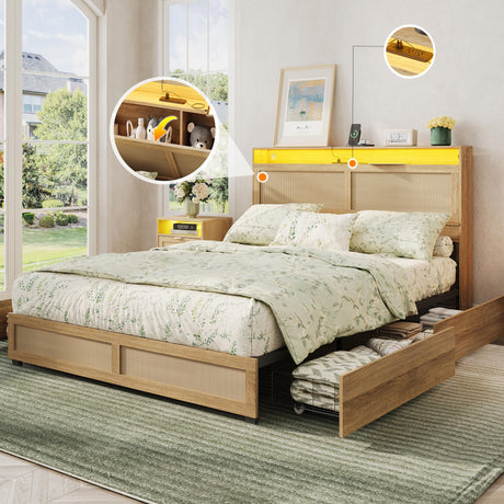 Maupvit Full Size Boho Bed Frame with Rattan Hidden Storage Headboard, LED Light and 4 Drawers, Charging Station, Metal Platform Bed, No Box Spring Needed,Brown Maupvit