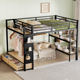Bellemave Queen Size loft Bed with Wardrobe and Storage Shelves and Pegboard Drawers, Metal Queen Loft Bed Frame for Adults, Kids, Teens, Black Bellemave